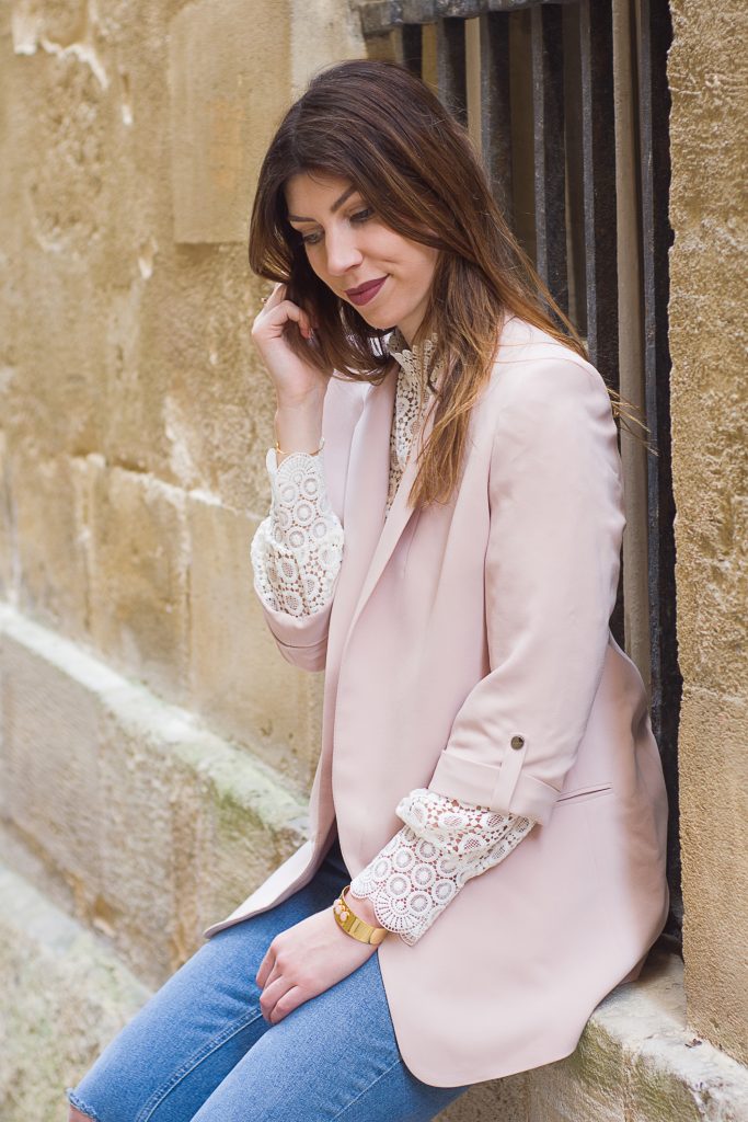 look dentelle blazer rose poudre