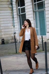 look mode manteau camel short cuir